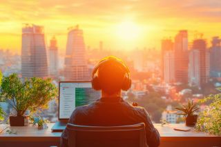figure_photo: Mann mit Laptop und Skyline